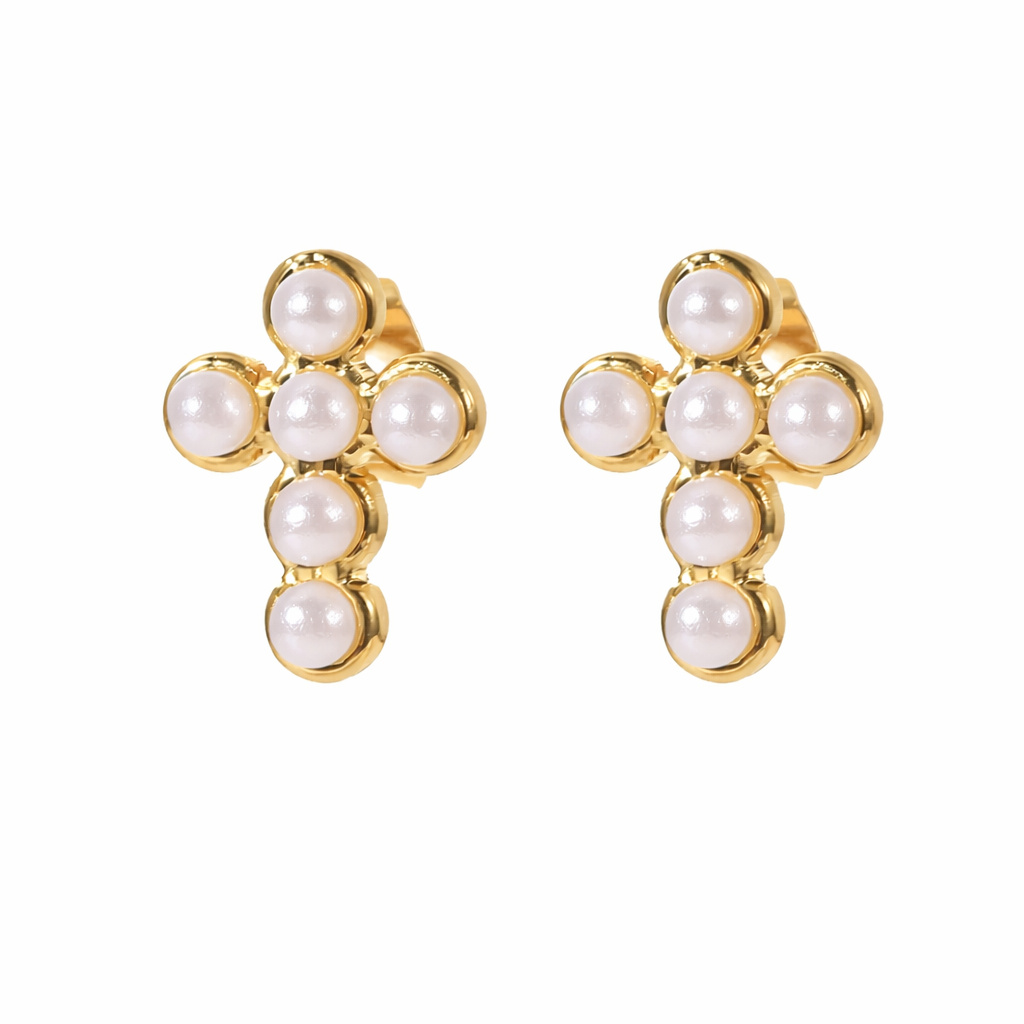 Heavenly Pearl Cross Studs